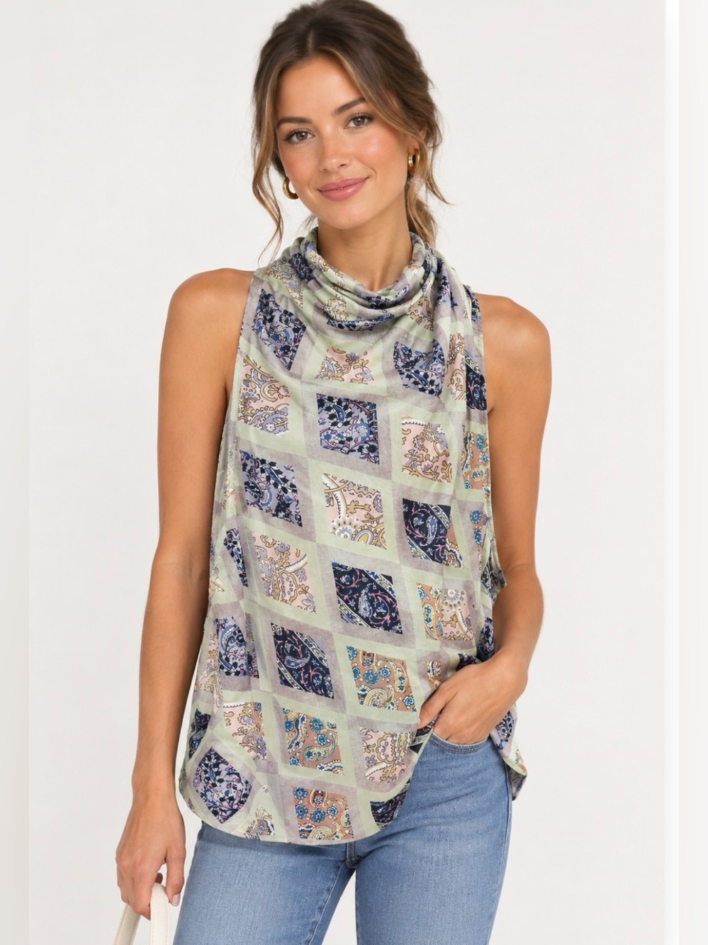 Cinq a Sept Adalynn Print Sleeveless Turtleneck in Celadon Multi size Medium